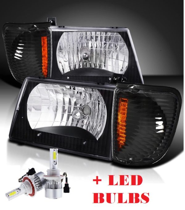 Winnebago Minnie Winnie Black Headlights & Corner Turn Signal Lamps Set 4PC + LED Bulbs
