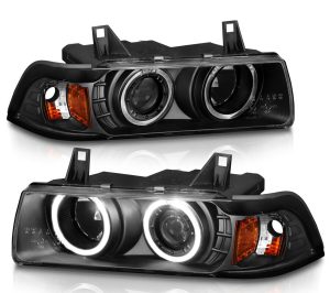 Fleetwood Expedition One-Piece Type Black Projector Headlight Assembly Pair (Left & Right)