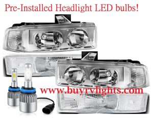 National RV Sea Breeze Chrome Clear One-Piece Type LED Headlights & Turn Signal Lights 4 Piece Set (Left & Right)