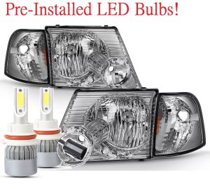Newmar Mountain Aire Chrome LED Headlight Assemblies & Corner Light Unit 4 Piece Set (Left & Right)