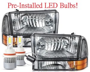 Fleetwood Discovery Chrome LED Headlight Assemblies & Signal Lamp Units 4 Piece Set (Left & Right)