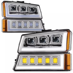 Tiffin Allegro (28ft-32ft) Chrome Projector LED Headlight Assembly & LED Turn Signal Light 4 Piece Set (Left & Right)